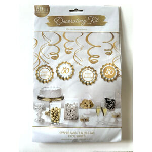 50th Birthday Party Decorations Gold & White 4 Paper Fans 8 Gold Swirls 12pcs